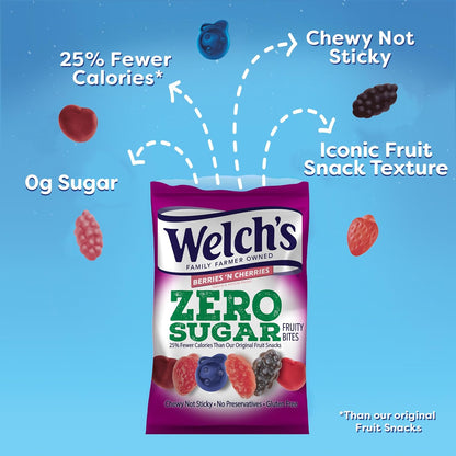 zero sugar and 25% fewer calories than original welch's fruit snacks