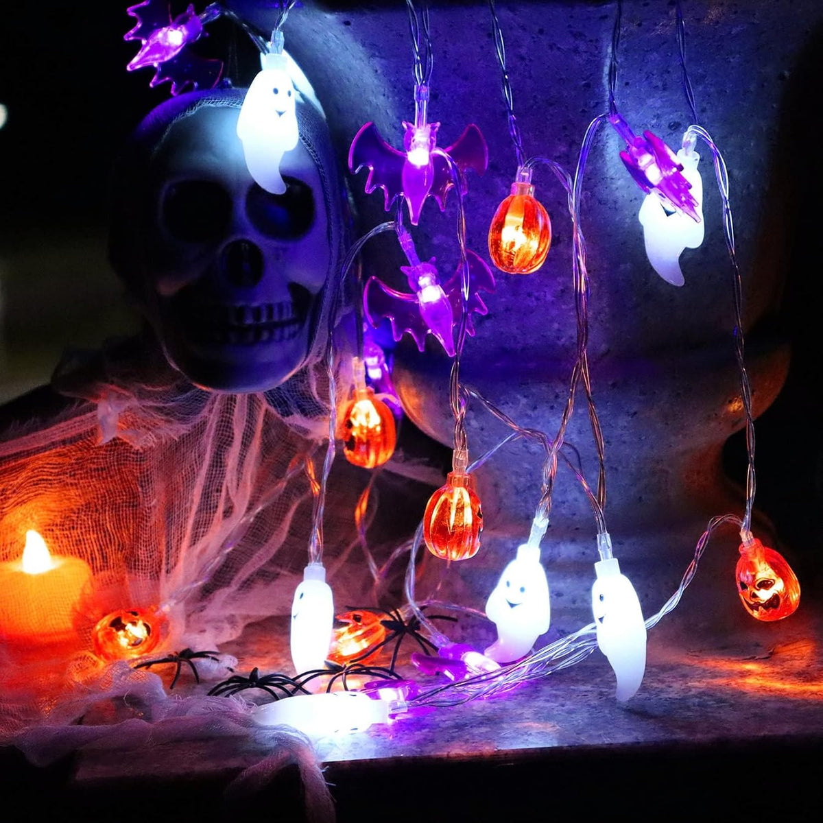 Zimati Halloween Decor 16 ft 3D Pumpkin Bat Ghost Battery String Lights, Housewarming and Fall Birthday Gift with 8 Lighting Modes