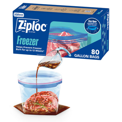 Ziploc Gallon Food Storage Freezer Bags, Stay Open Design, Easy to Fill, 80 count