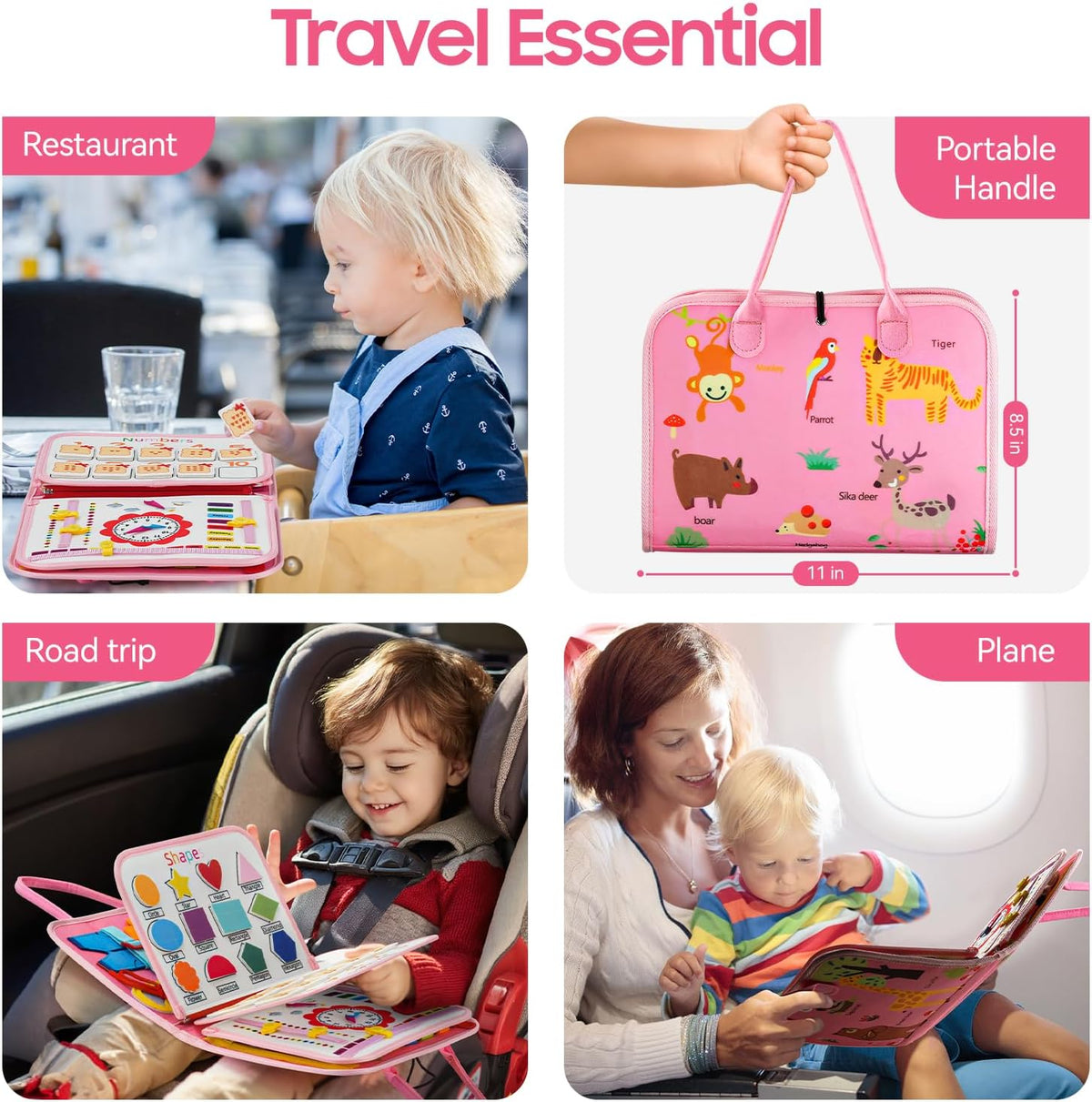 zippers, buckles, buttons, lacing, and velcro shapes, numbers, and animals for tactile learning